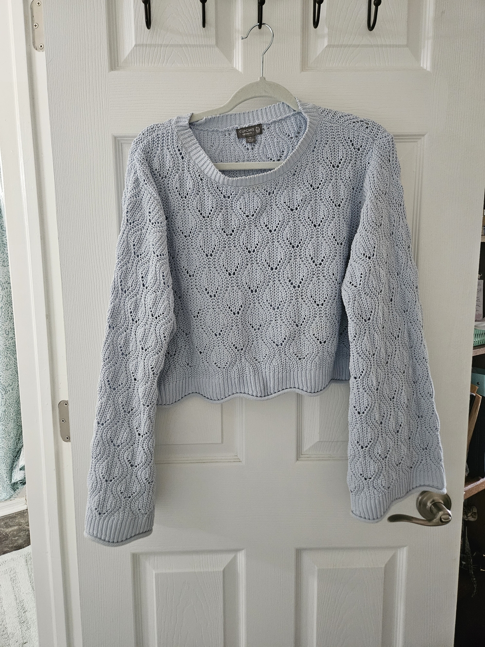Cupcake Clothing LTD Light Blue Cropped Pointelle Knit crewneck  Sweater